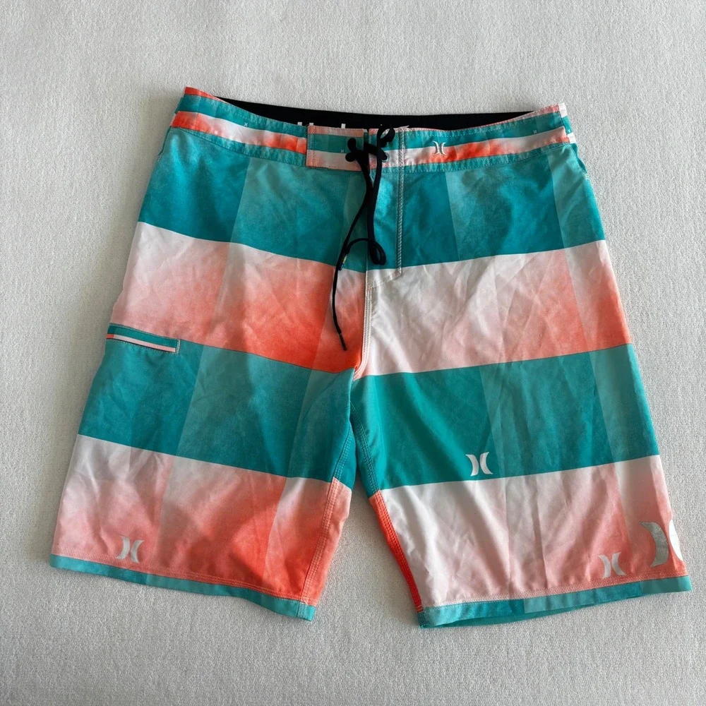 Hurley Phantom Board‎ Shorts Mens 34 Teal Orange Checkered Buckle Exclusive 21